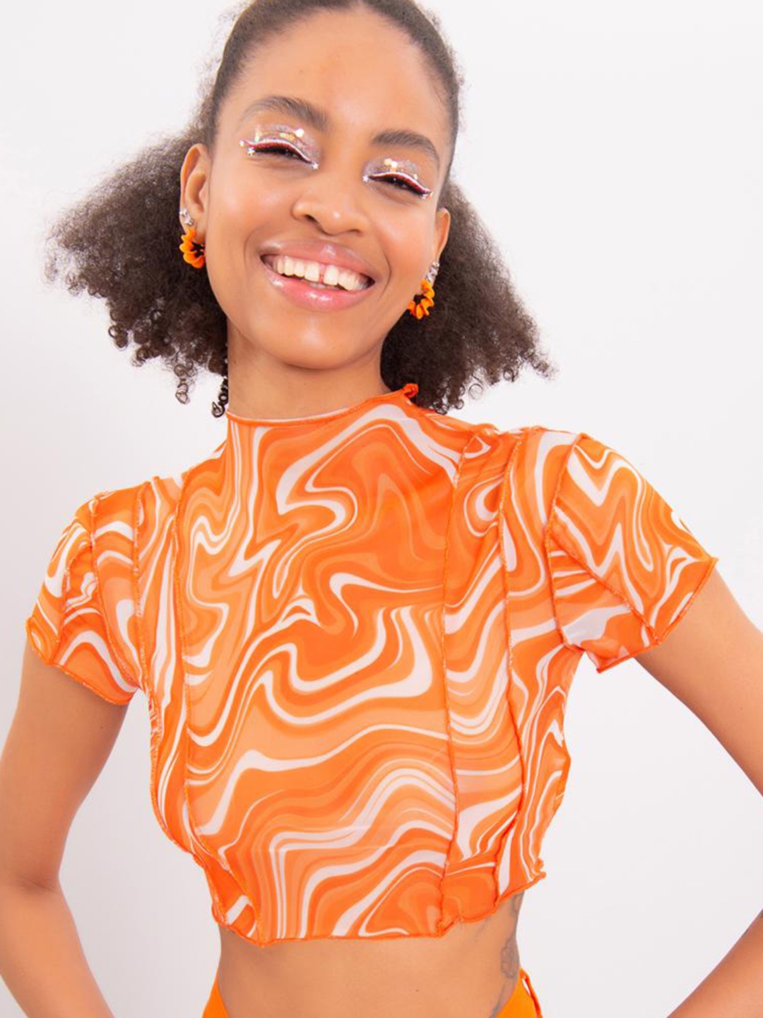 

PRET A TUER Abstract Printed High Neck Fitted Crop Top, Orange