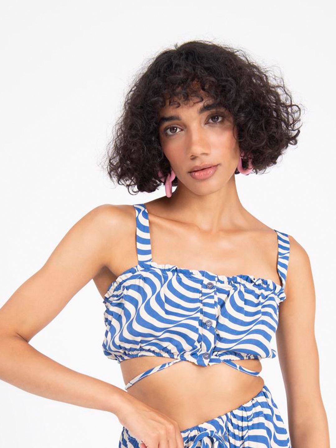 

PRET A TUER Striped Printed Smocked Detailed Bralette Crop Top, Blue