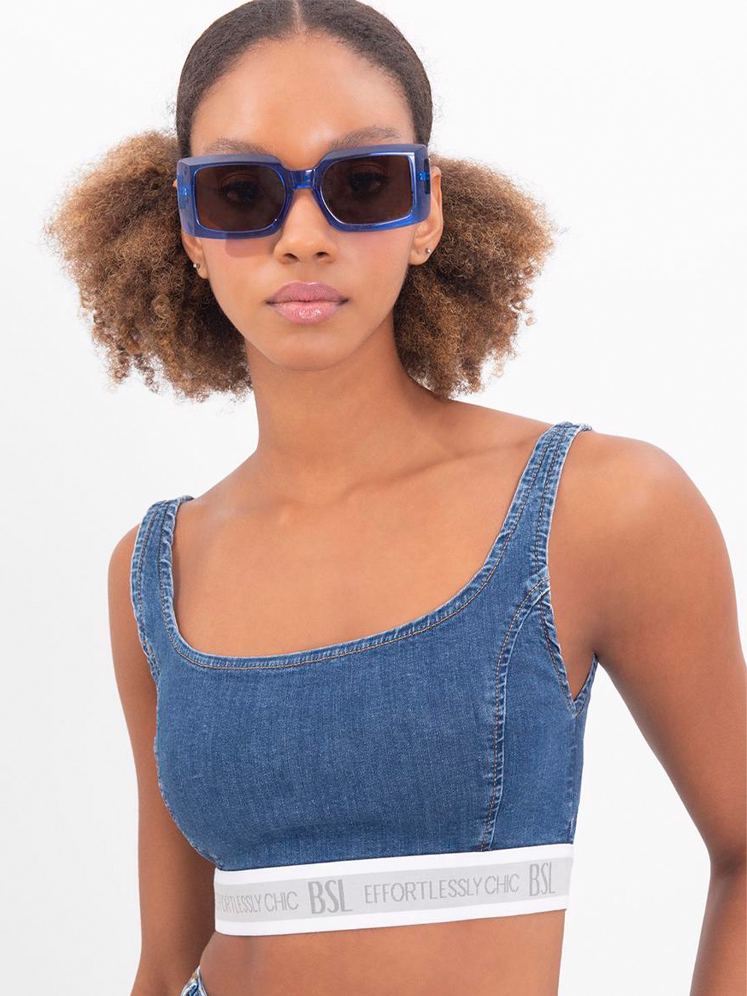 

PRET A TUER Shoulder Strap Cotton Bralette Crop Top, Blue