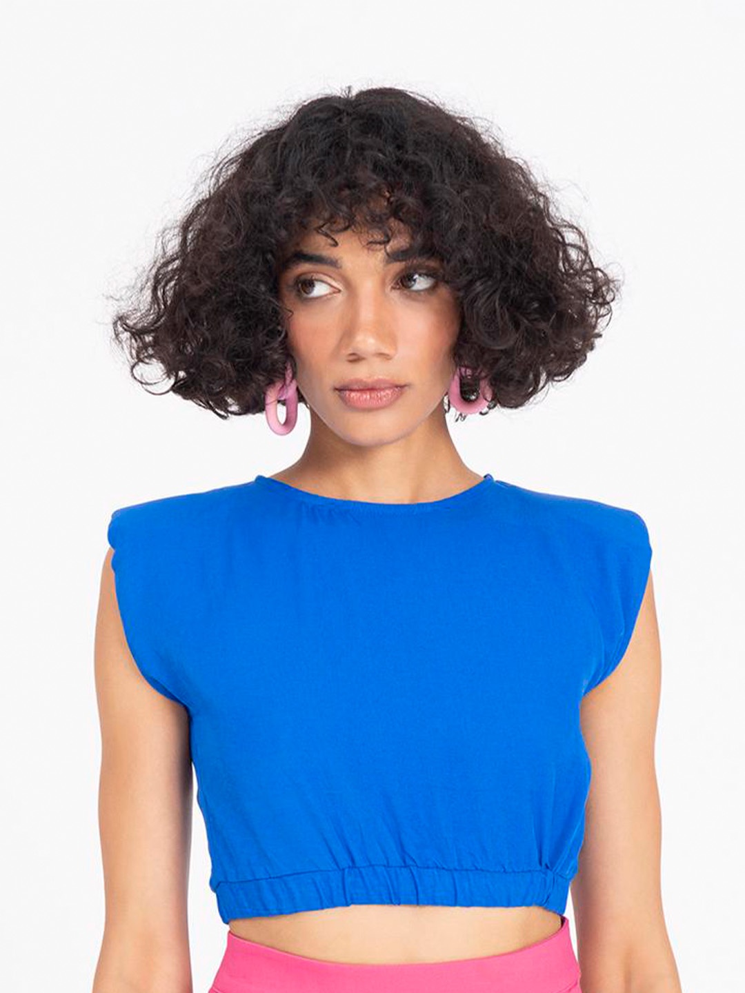 

PRET A TUER Round Neck smocked crop Top, Blue
