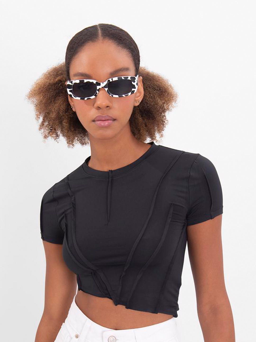 

PRET A TUER Round Neck Pleated Fitted Crop Top, Black