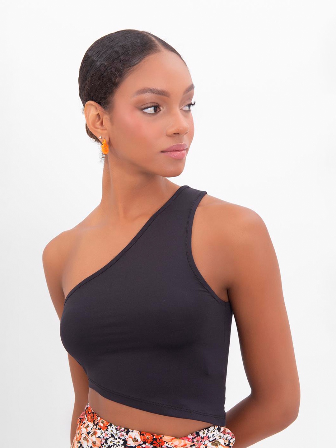 

PRET A TUER One Shoulder Fitted Crop Top, Black