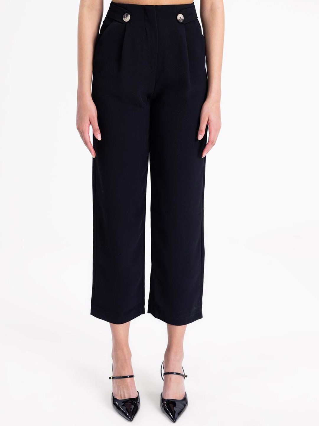 

PRET A TUER Women Straight Fit Parallel Pleated Trousers, Navy blue
