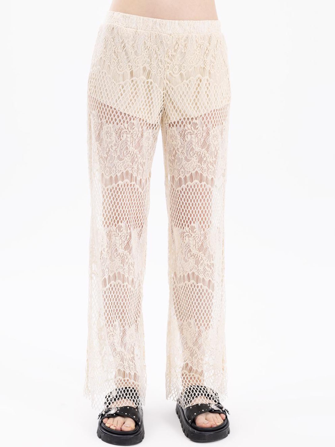 

PRET A TUER Women Self Design Textured Flared Trousers, Off white