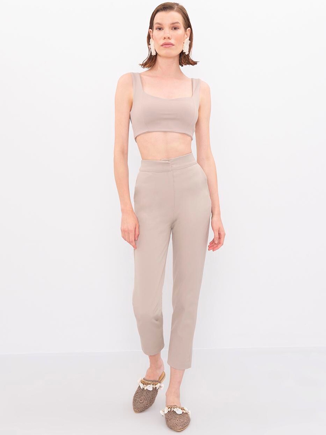 

PRET A TUER Women High-Rise Slim Fit Cropped Cigarette Trousers, Beige