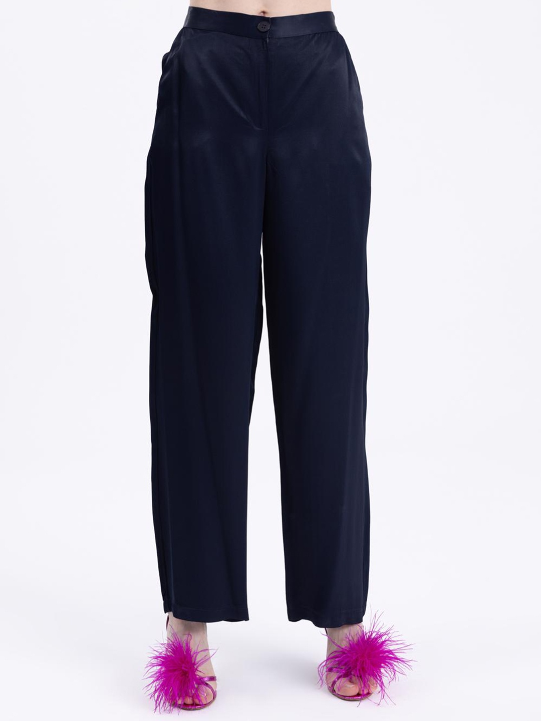 

PRET A TUER Women Straight Fit Satin Parallel Trousers, Navy blue