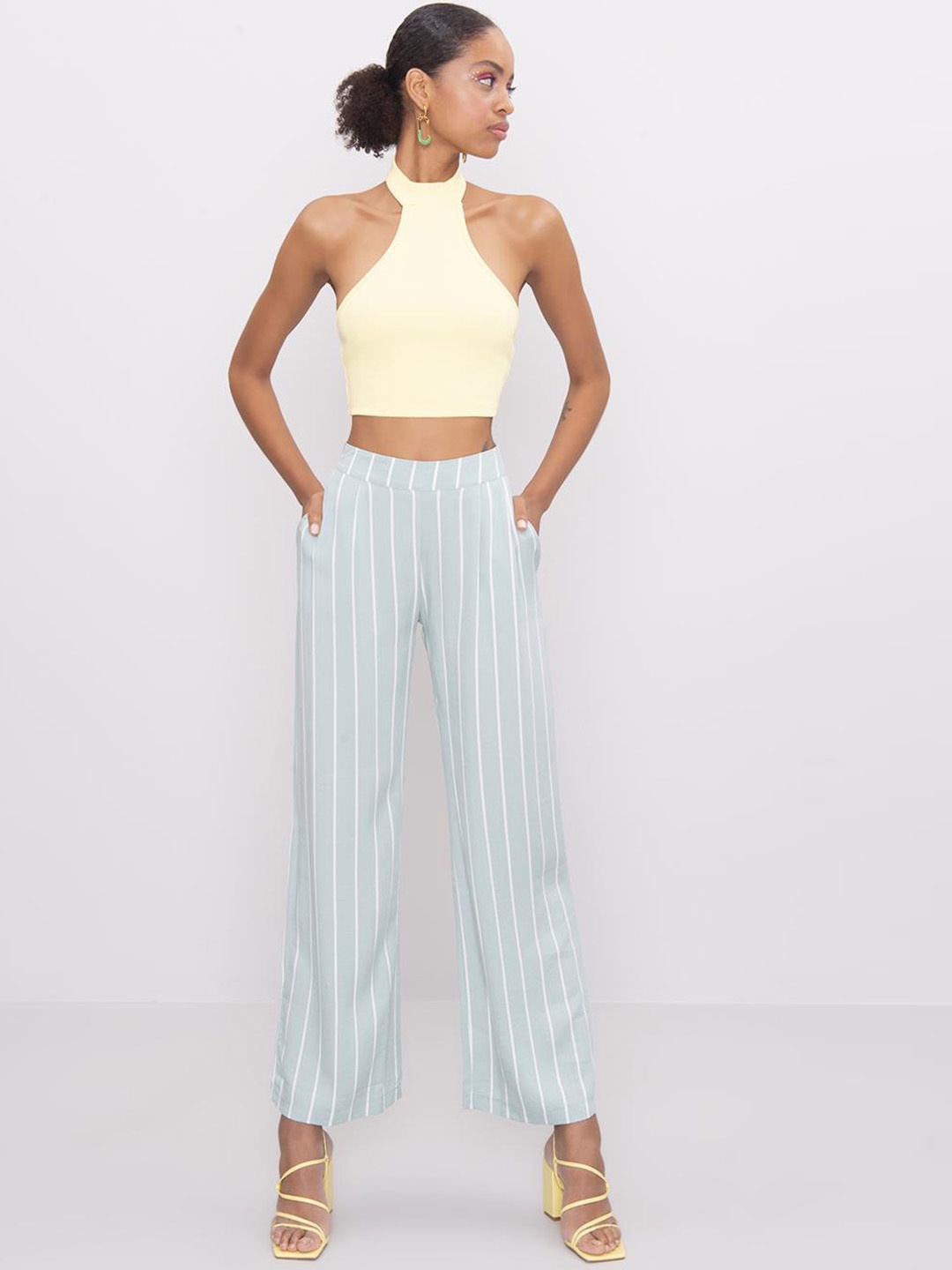 

PRET A TUER Women Striped Parallel Trousers, Sea green
