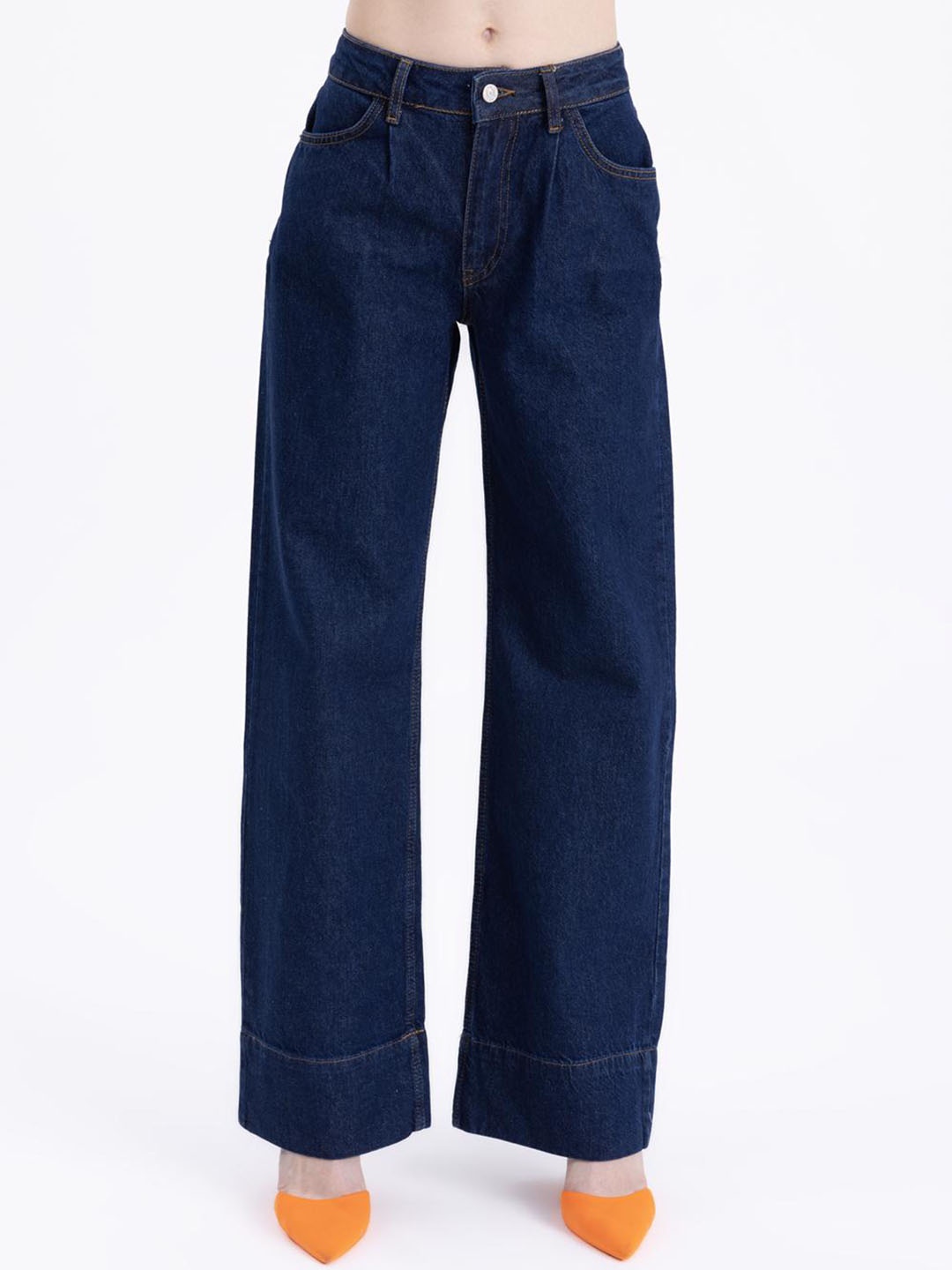 

PRET A TUER Women Mid-Raise Straight Fit Cotton Parallel Trousers, Blue