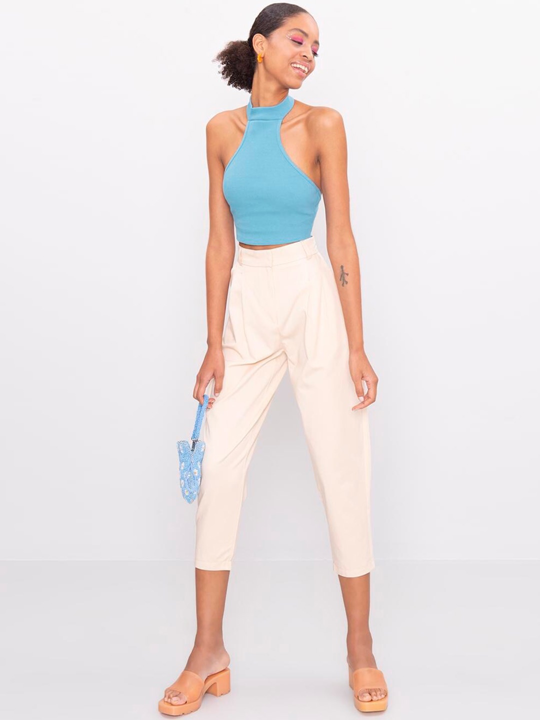 

PRET A TUER Women Slim Fit High-Waist Pleated Cotton Trousers, Cream