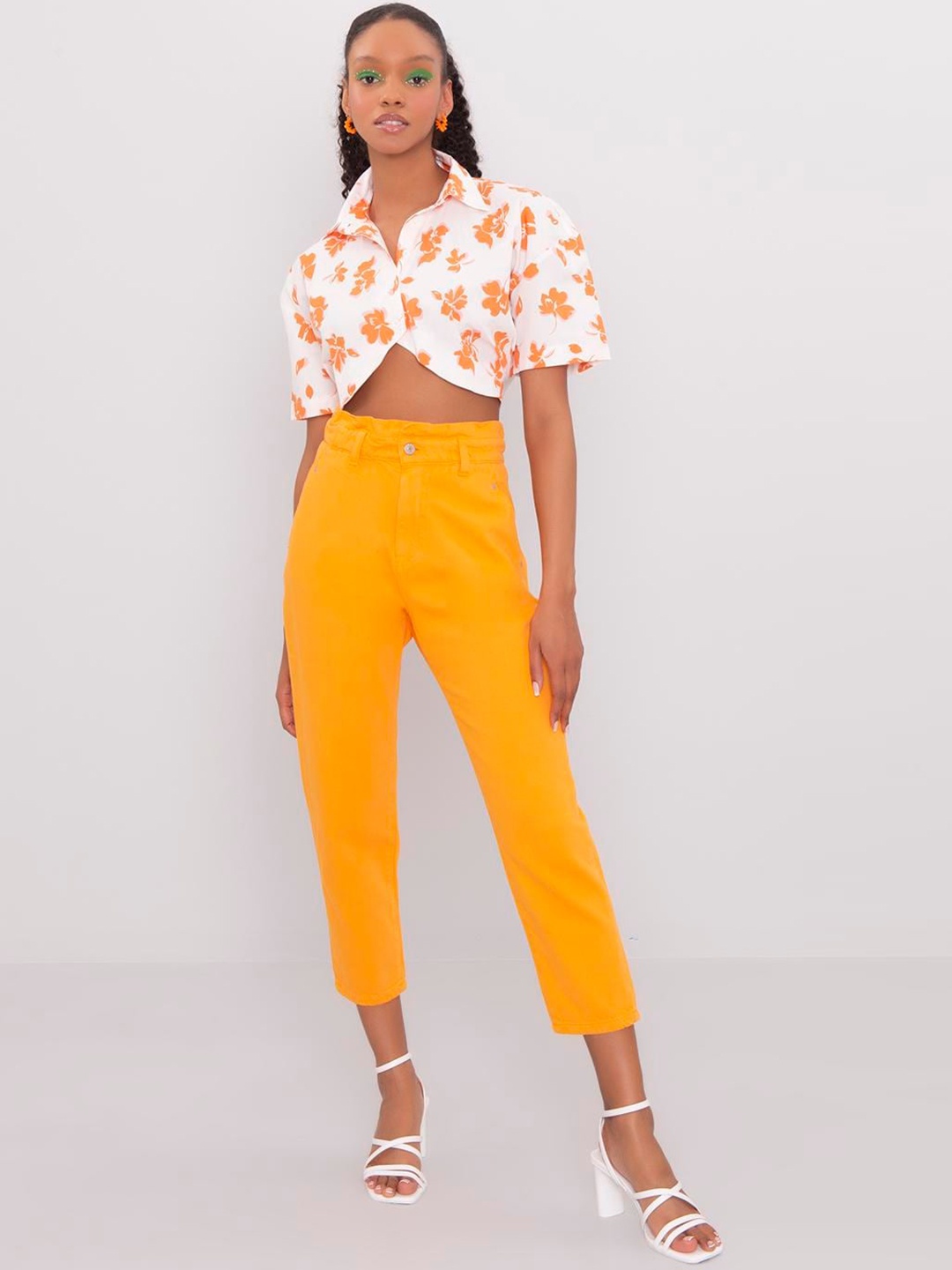 

PRET A TUER Women Slim Fit Cropped Cotton Trousers, Orange