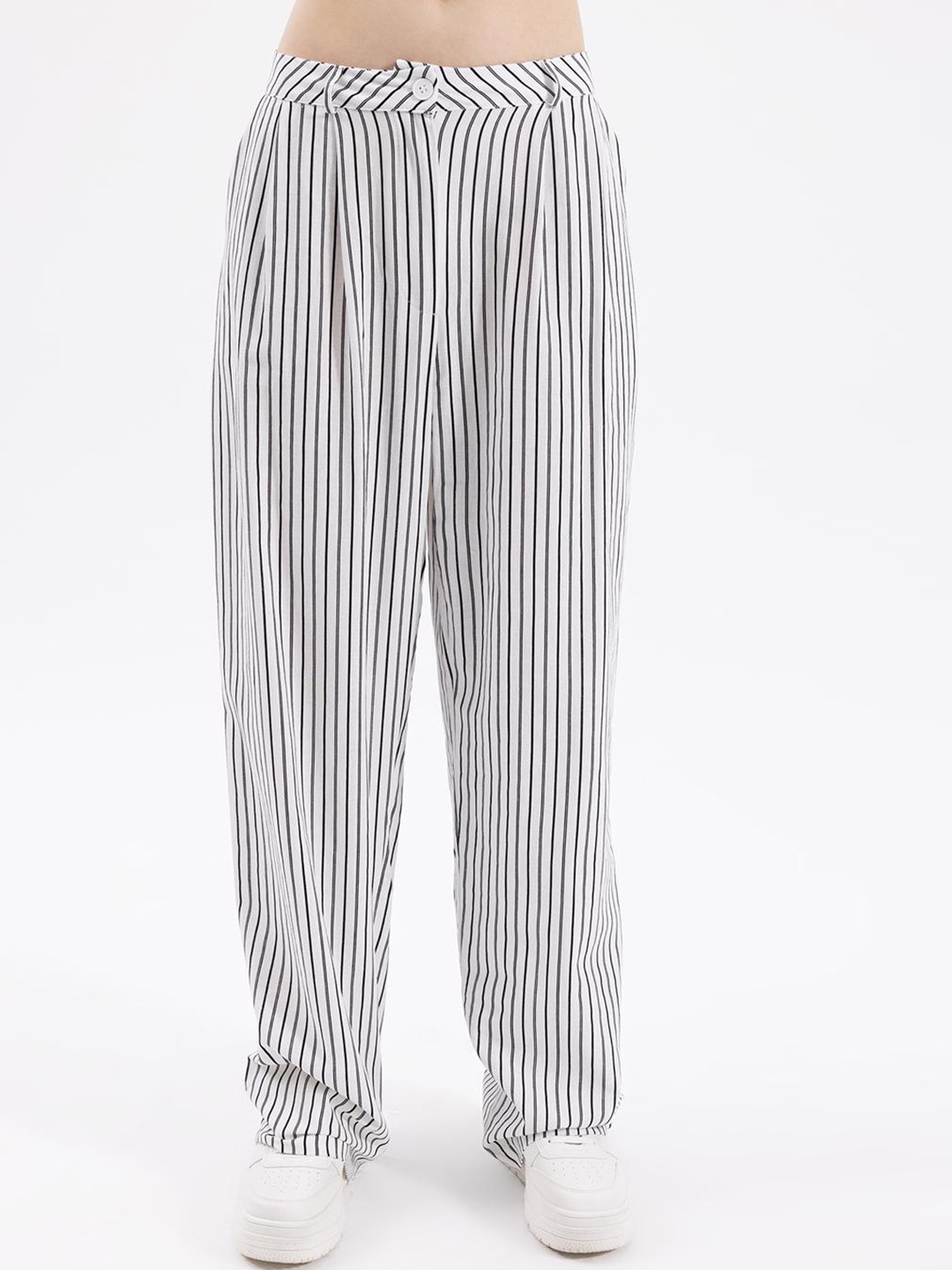 

PRET A TUER Women Striped Mid- Rise Loose Fit Cotton Pleated Trousers, White