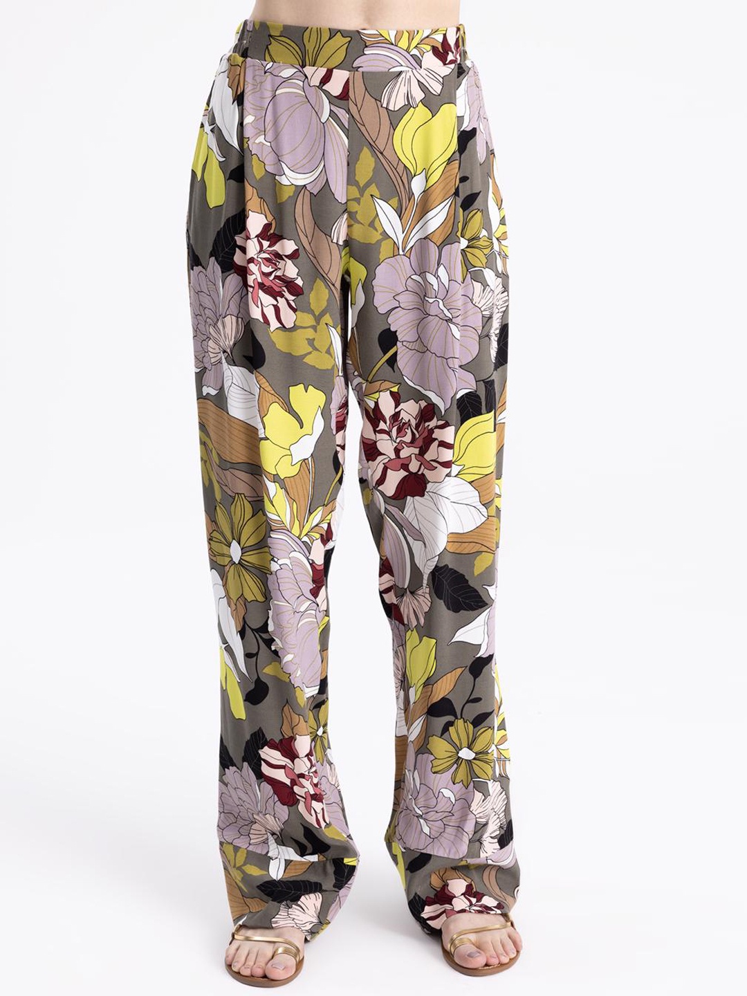 

PRET A TUER Women Floral Printed Loose Fit Satin Parallel Trousers, Khaki