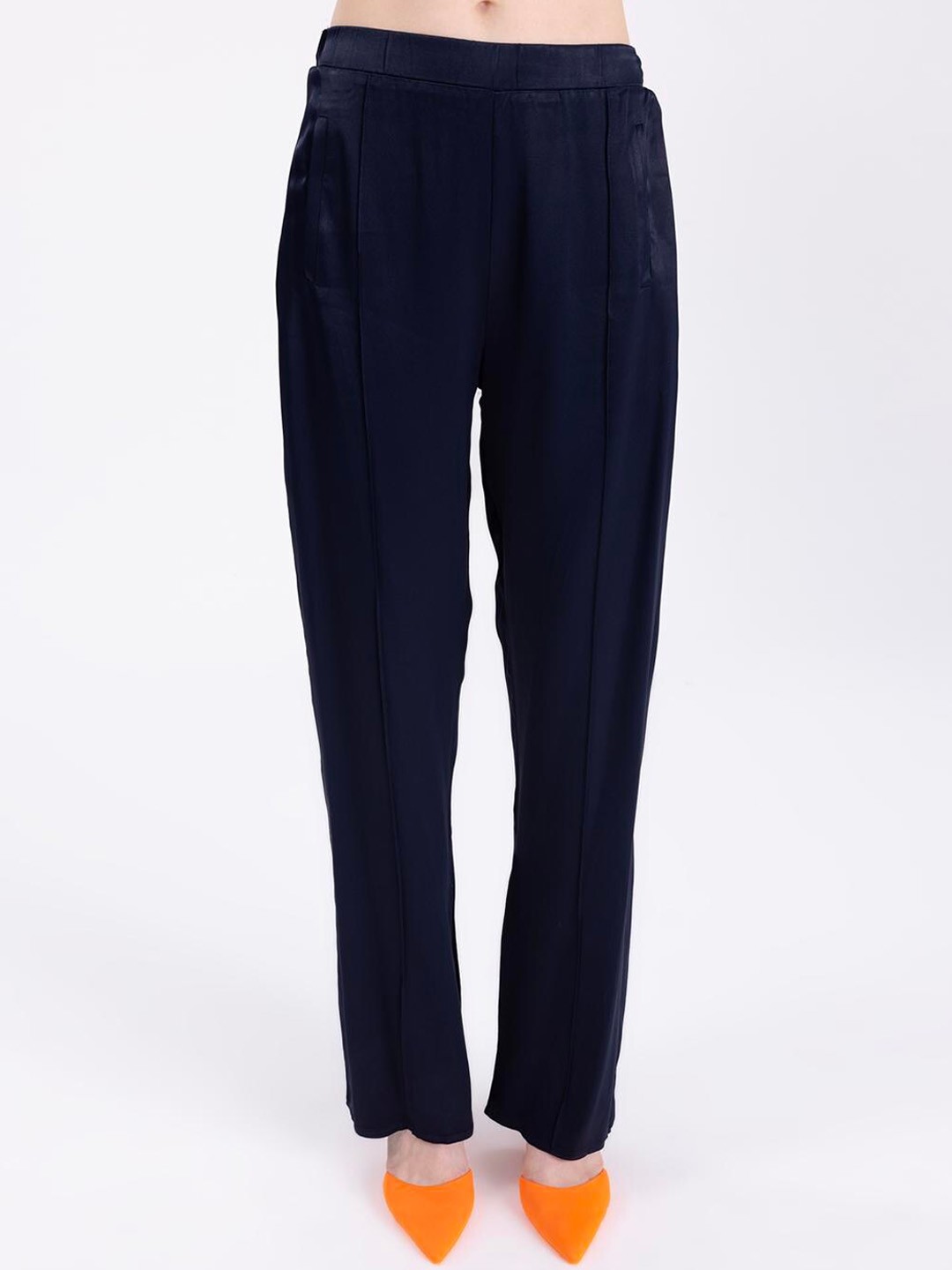 

PRET A TUER Women Straight Fit Satin Trousers, Blue