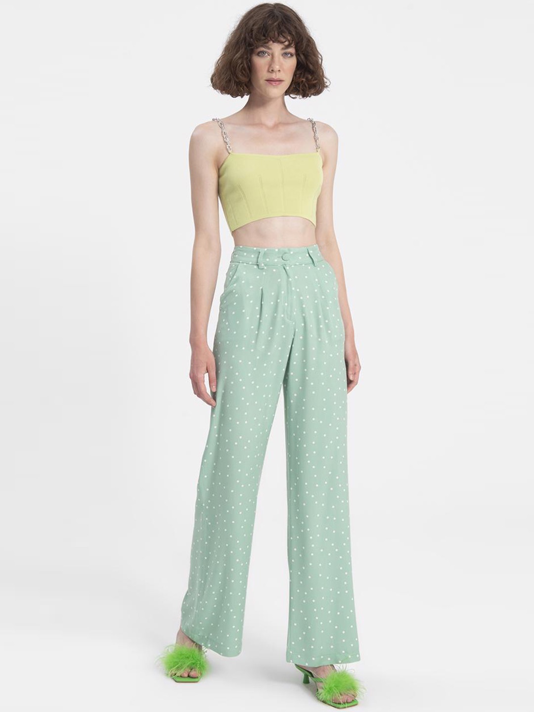 

PRET A TUER Women Polka Dots Printed Flared Pleated Trousers, Green