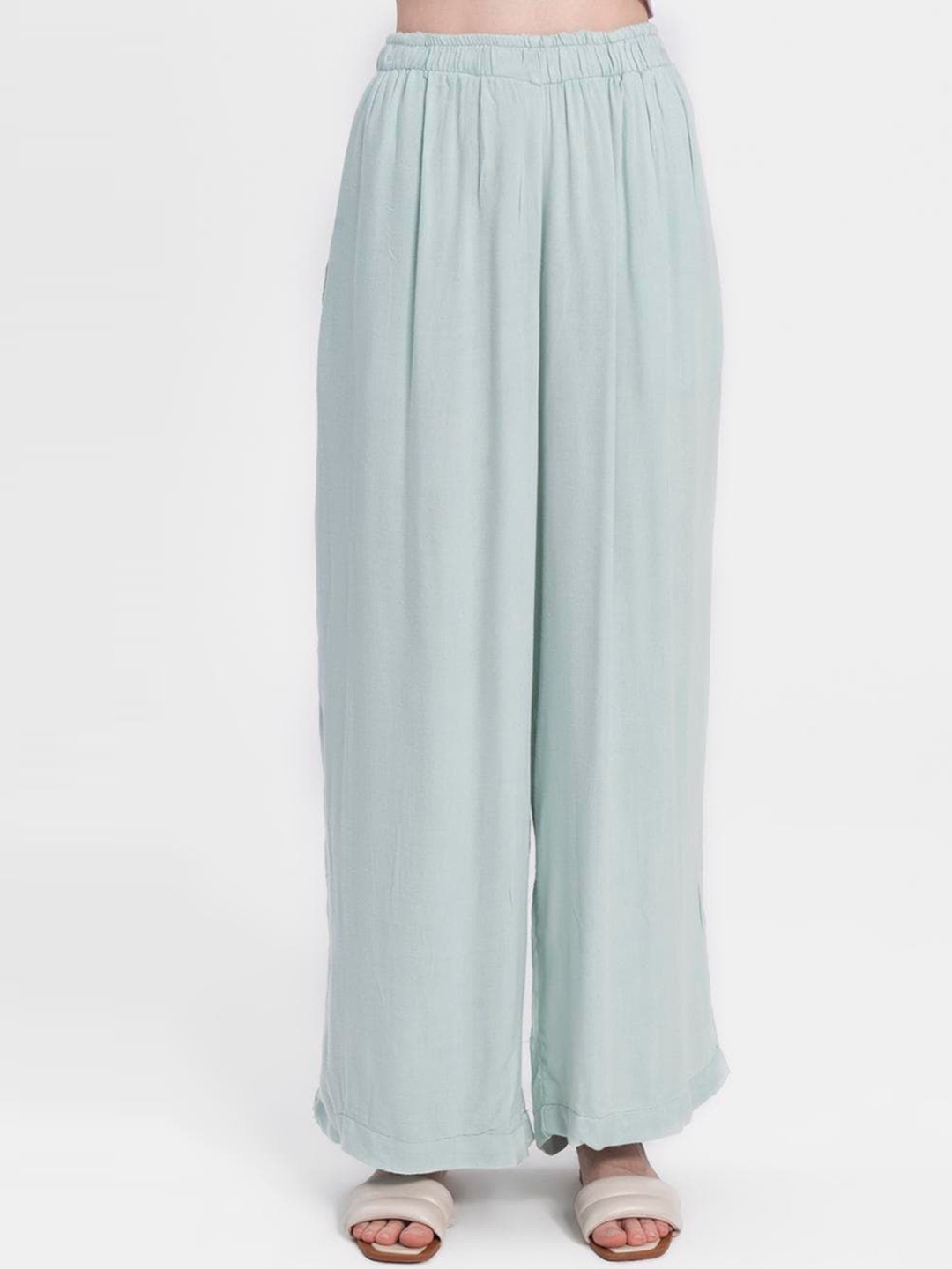 

PRET A TUER Women Flared Pleated Cotton Trousers, Green
