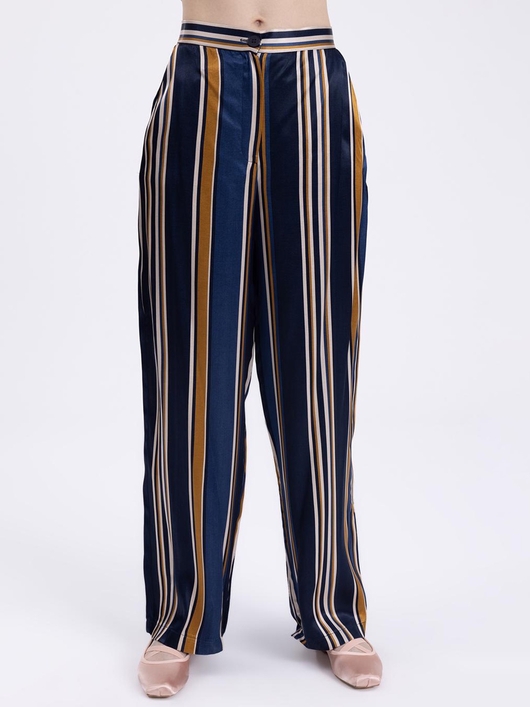 

PRET A TUER Women Striped Straight Fit Satin Parallel Trousers, Blue