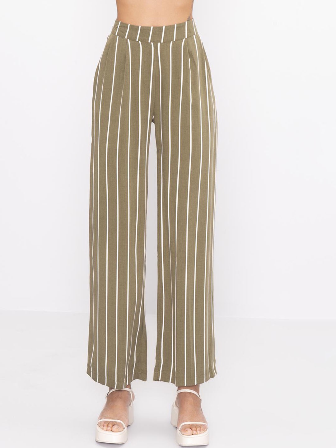 

PRET A TUER Women Striped Flared Fit Mid-Raise Parallel Trousers, Khaki
