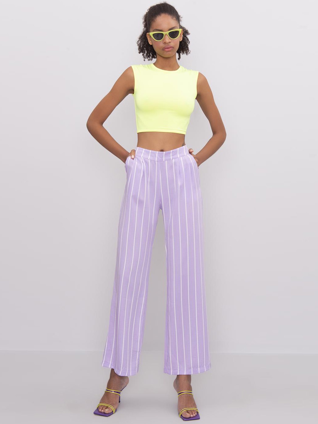 

PRET A TUER Women Striped Wide Parallel Trousers, Purple