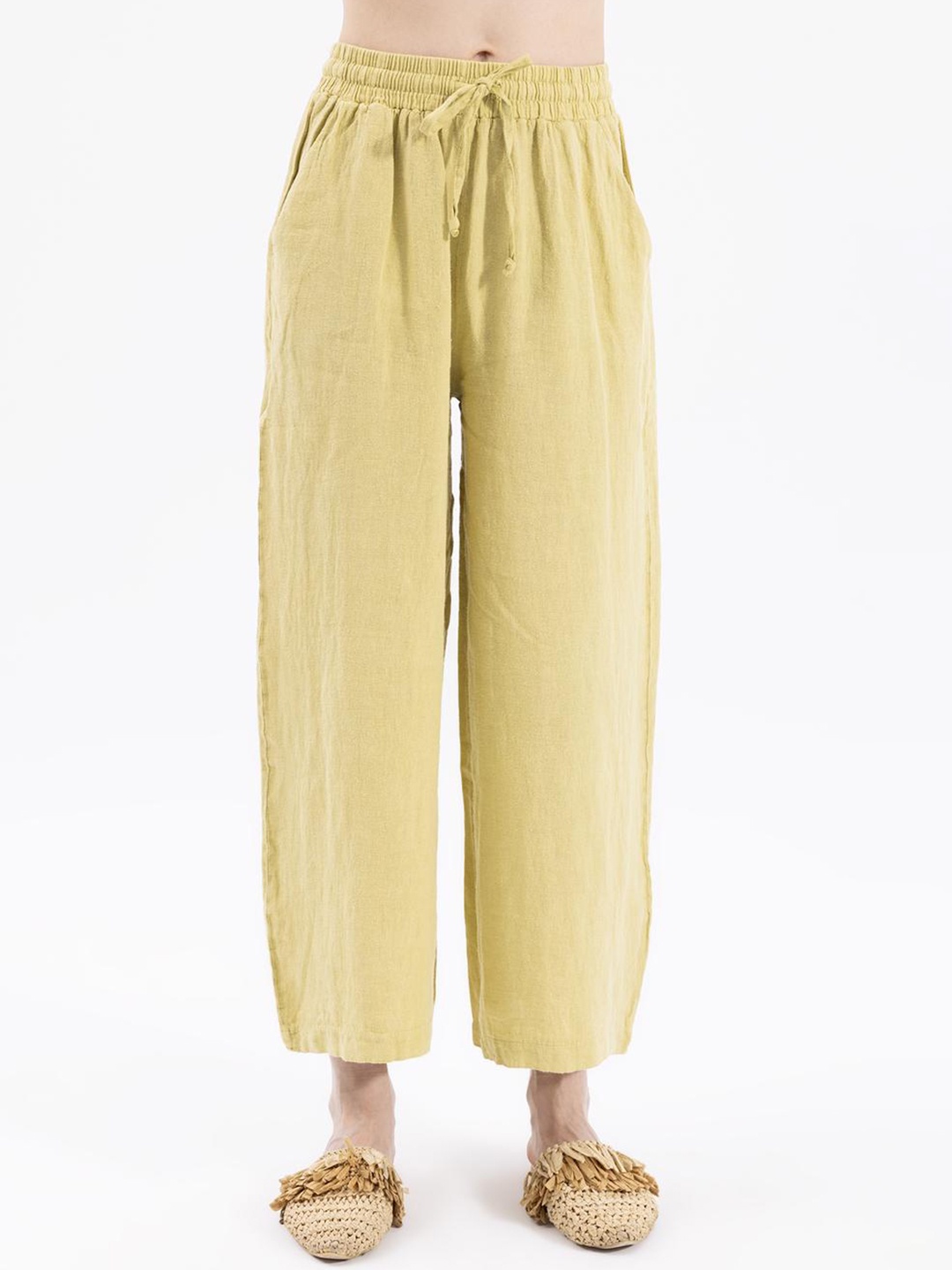 

PRET A TUER Women Loose Fit Linen Parallel Trousers, Khaki