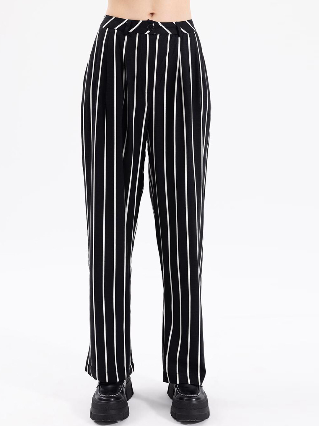 

PRET A TUER Women Black Striped Loose Fit Trousers