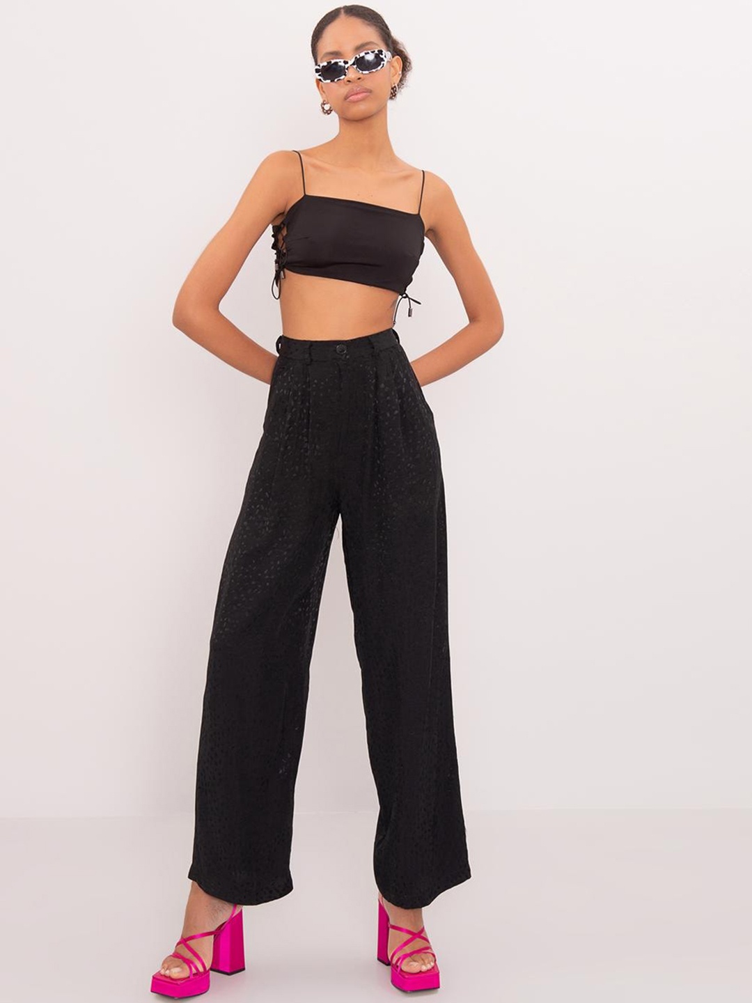 

PRET A TUER Women Self Design Parallel Trousers, Black