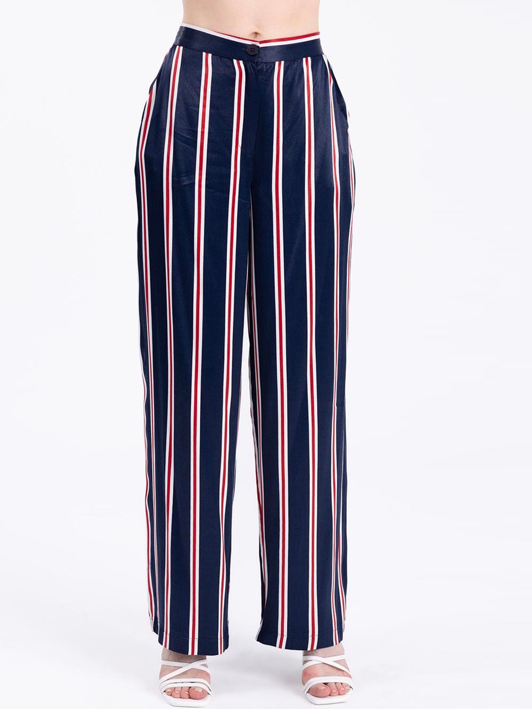 

PRET A TUER Women Striped Plain Straight Fit Mid Rise Parallel Trousers, Blue