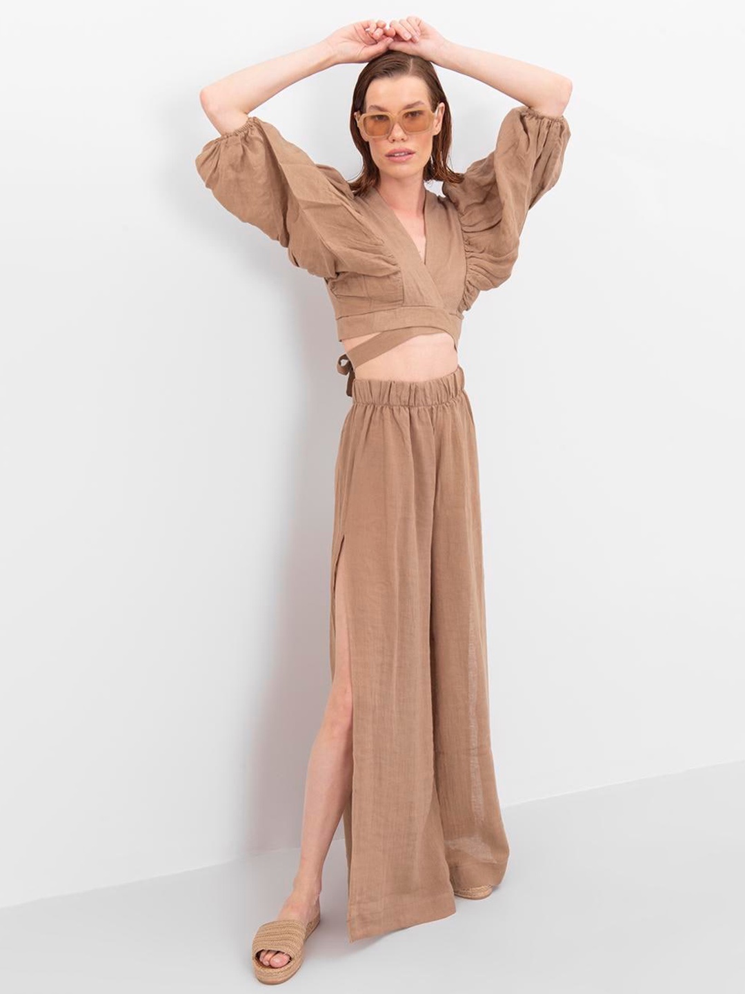 

PRET A TUER Women Linen Flared Trousers With Deep Slit, Brown