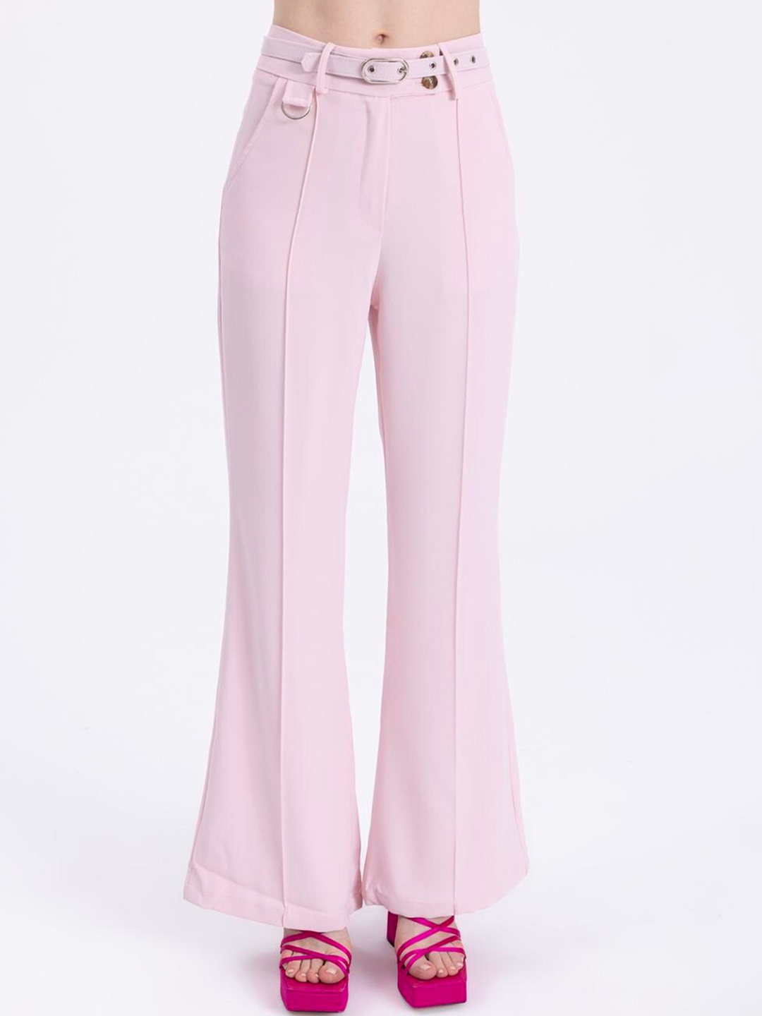 

PRET A TUER Women Mid-Rise Bootcut Trousers With A Belt, Pink