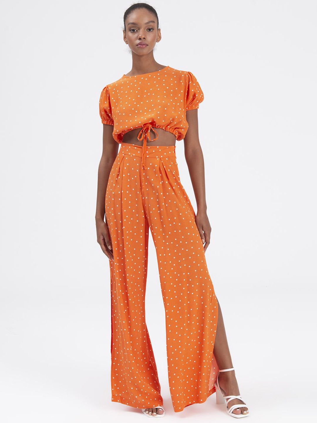 

PRET A TUER Women Polka Dots Printed Mid-Rise Flared Parallel Trousers, Orange