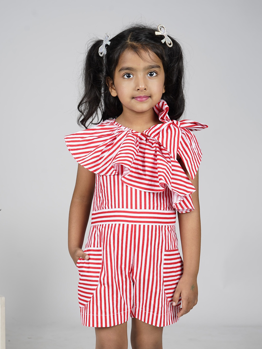 

Maaikid Girls Striped Ruffles Cotton Playsuit, Red
