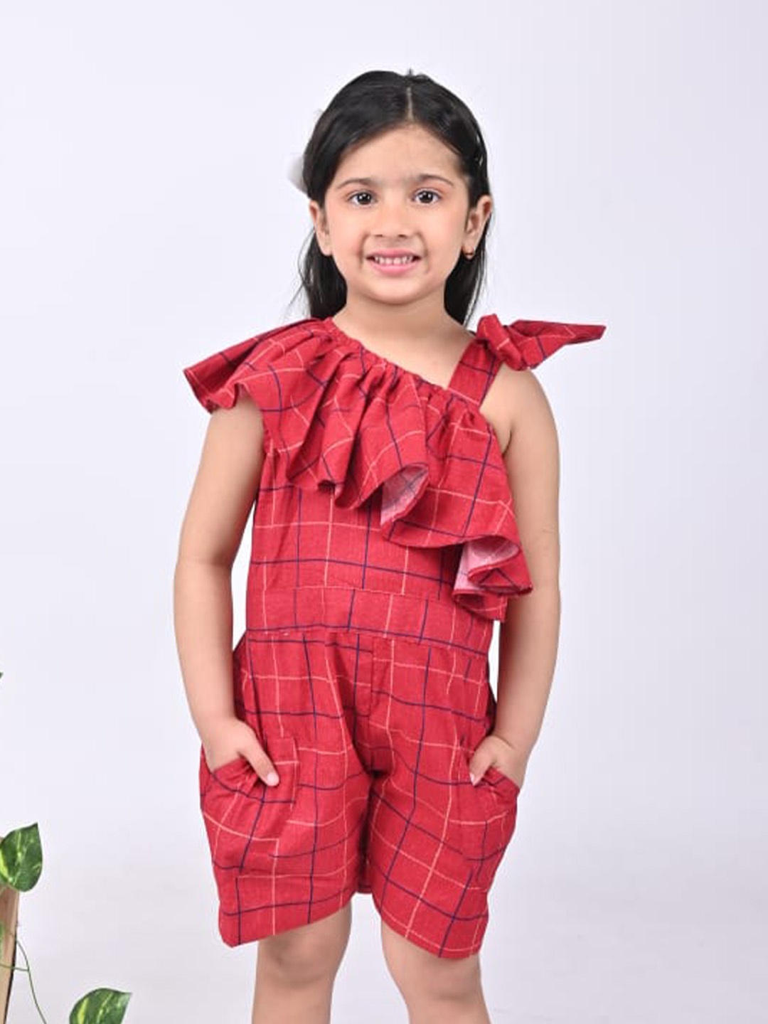 

Maaikid Girls Checked Ruffled Cotton Playsuit, Maroon