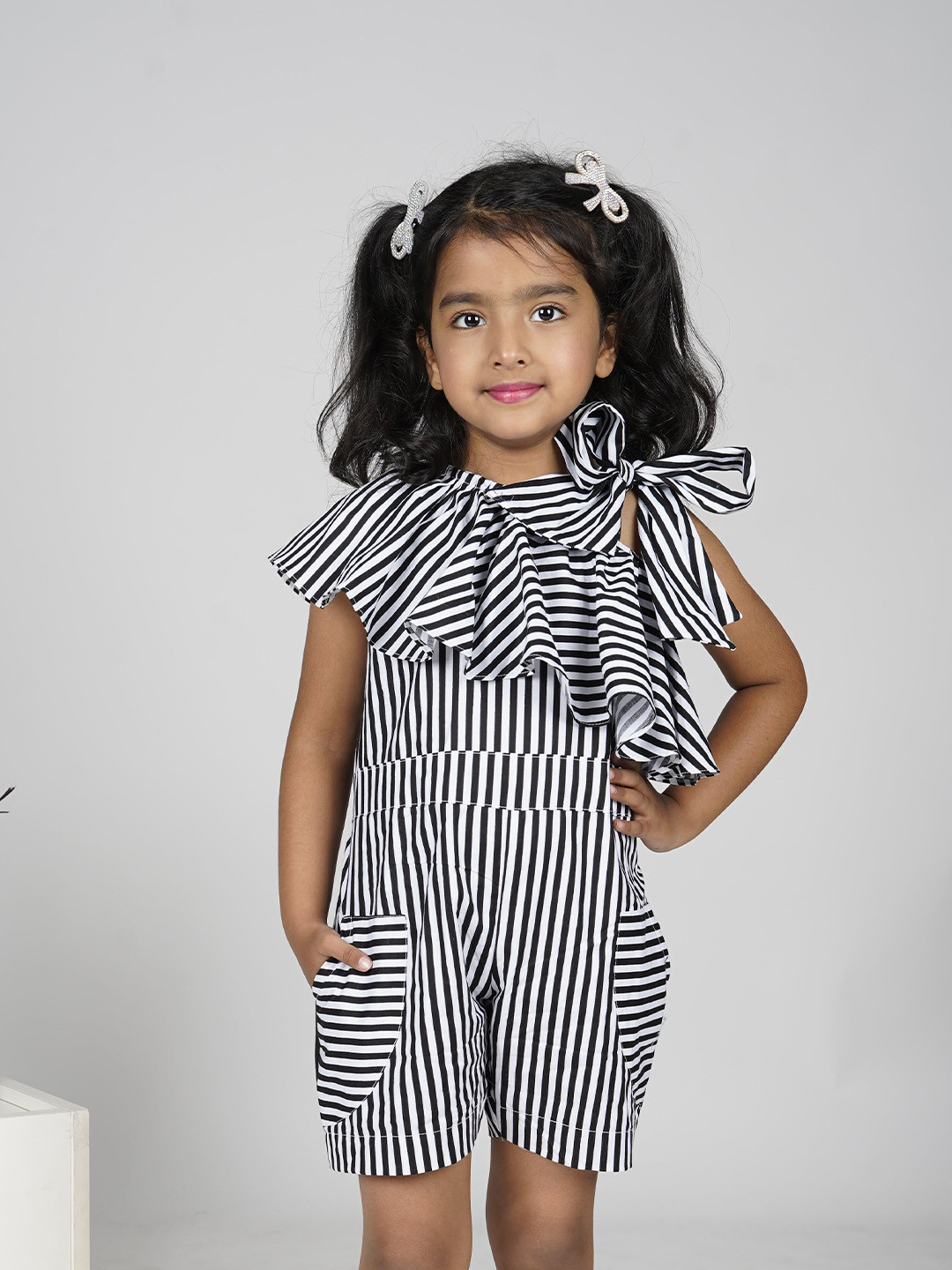 

Maaikid Girls Striped Ruffles Cotton Playsuit, Black