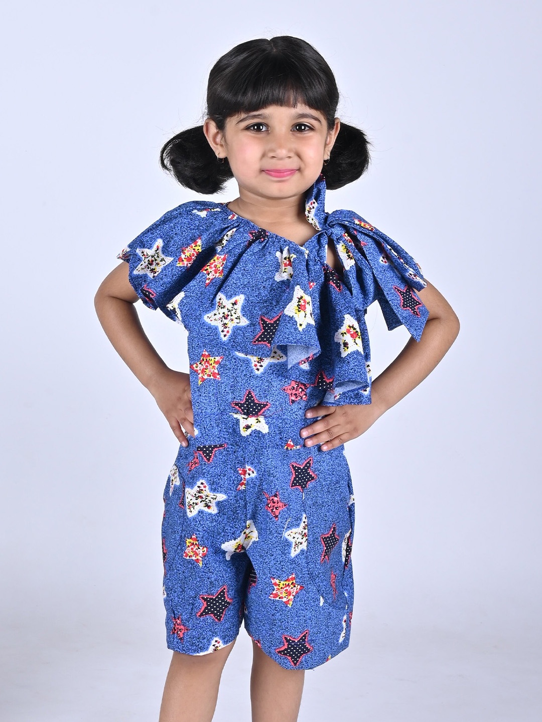 

Maaikid Girls Graphic Printed Ruffles Cotton Playsuit, Blue