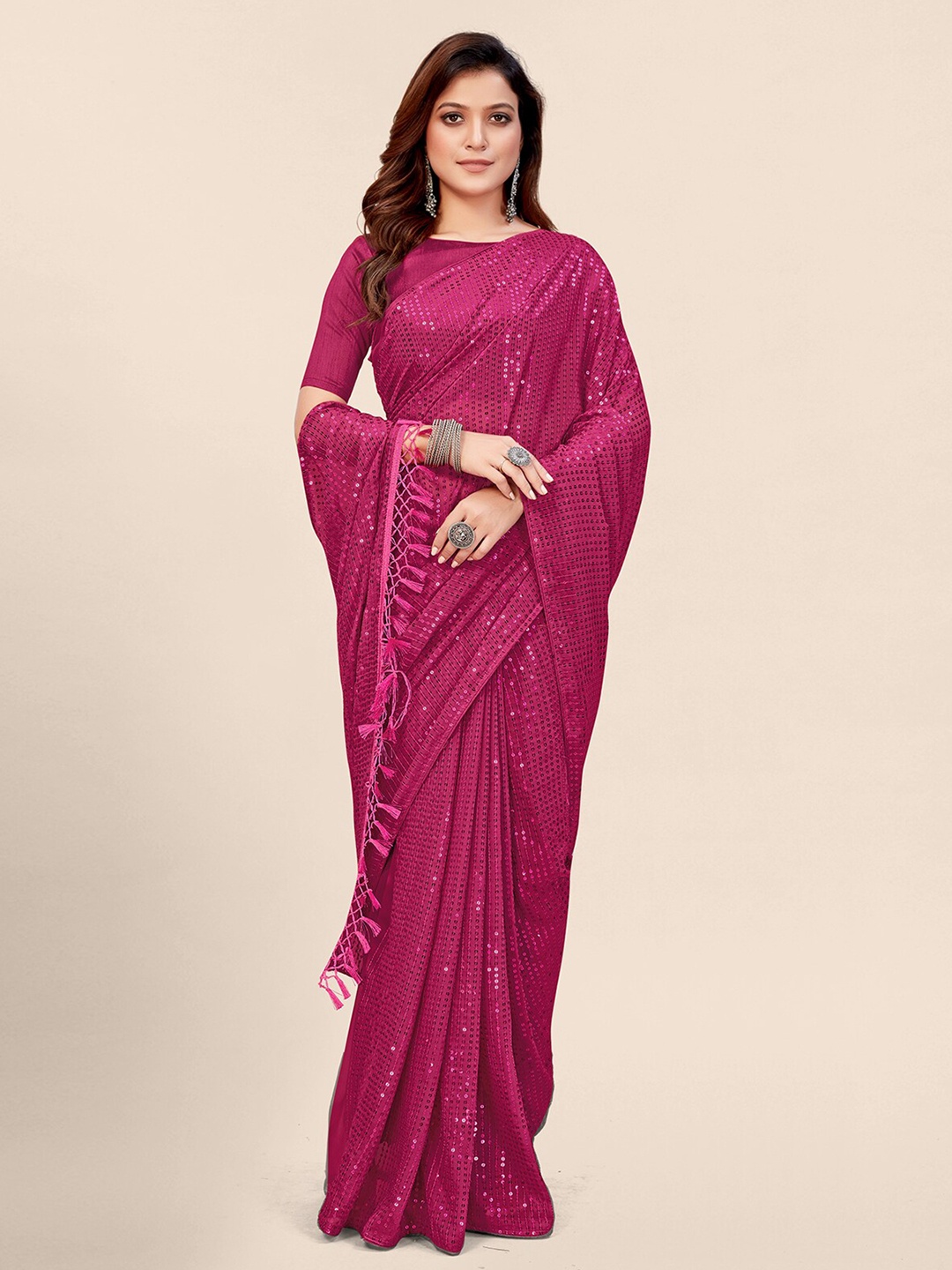 

KALINI Sequinned Embellished Pure Georgette Saree, Pink