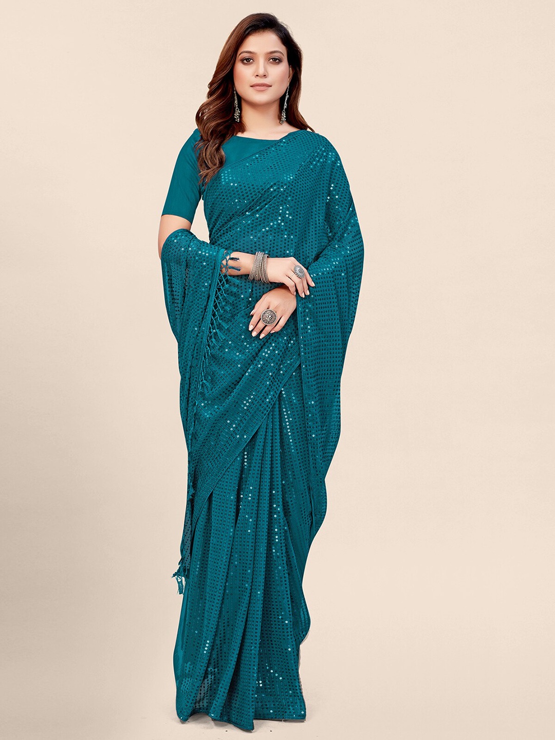 

KALINI Sequinned Embellished Pure Georgette Saree, Teal