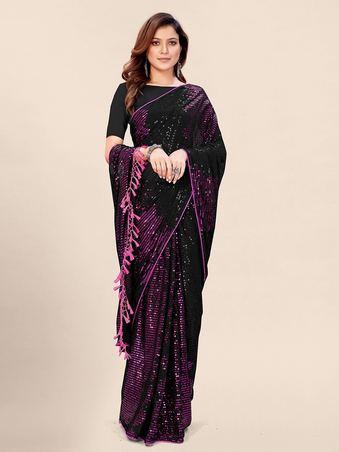 

KALINI Sequinned Embellished Pure Georgette Saree, Black