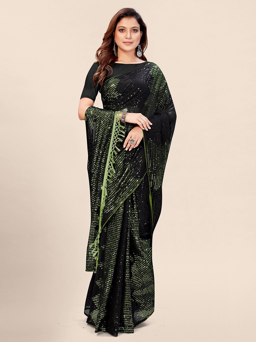 

KALINI Embellished Sequinned Georgette Saree, Black