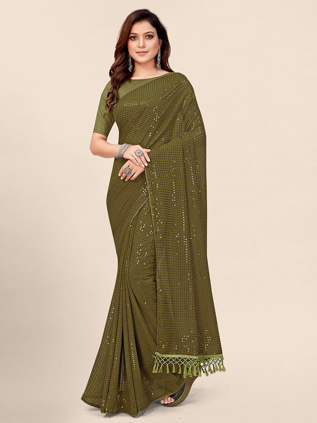 

KALINI Sequinned Embellished Pure Georgette Saree, Olive