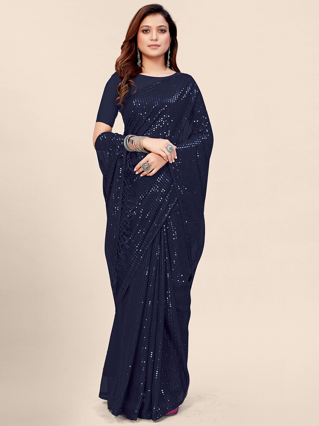 

KALINI Blue Embellished Sequinned Georgette Saree