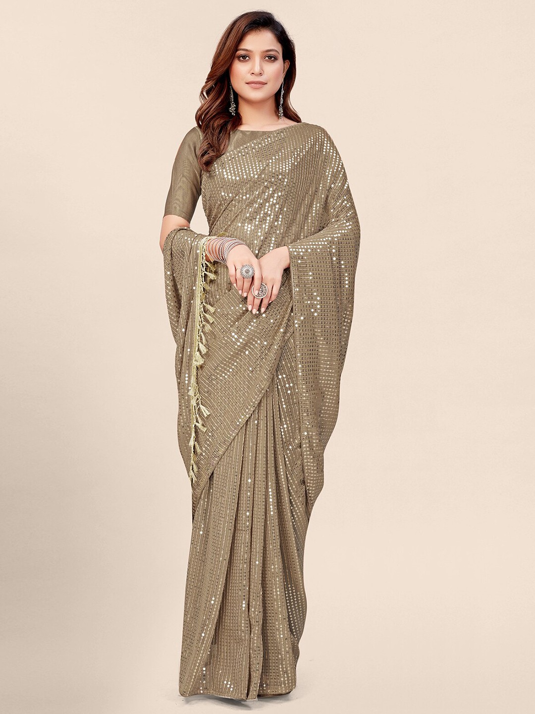 

KALINI Sequinned Embellished Pure Georgette Saree, Beige
