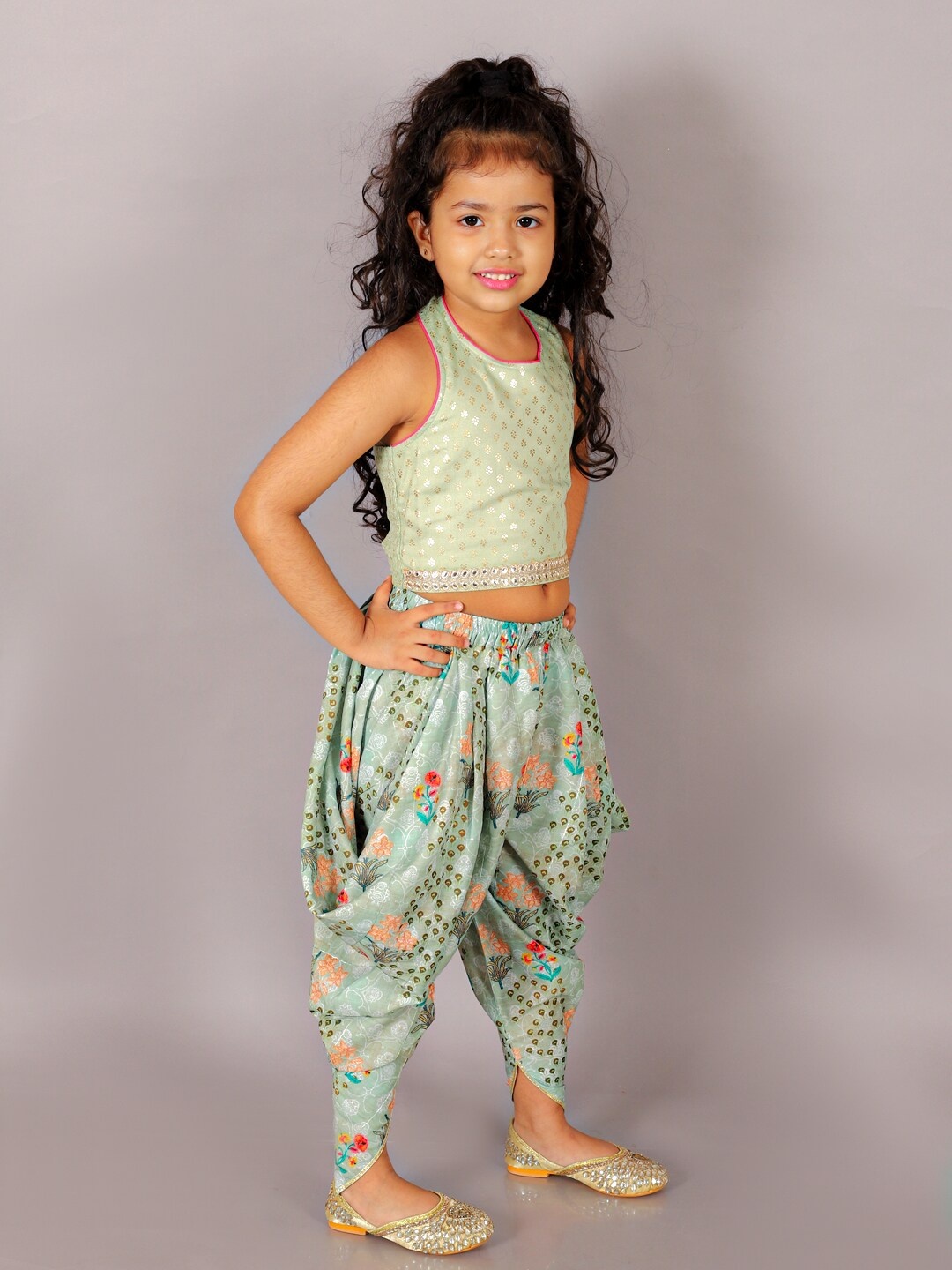 

LIL DRAMA Girls Foil Printed Top with Dhoti Pants, Green
