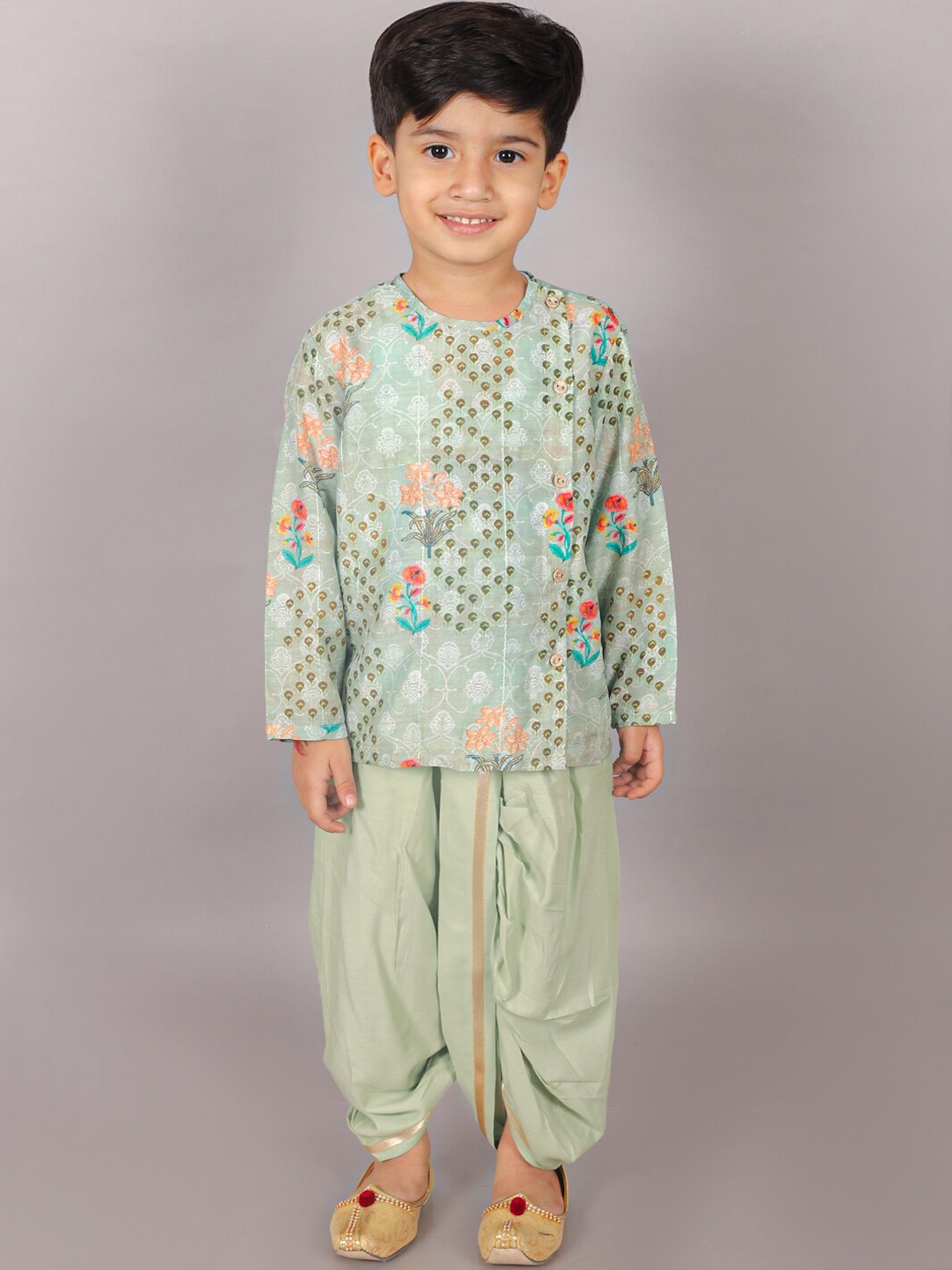 

LIL DRAMA Boys Floral Printed Angrakha Kurta With Dhoti Pants, Green
