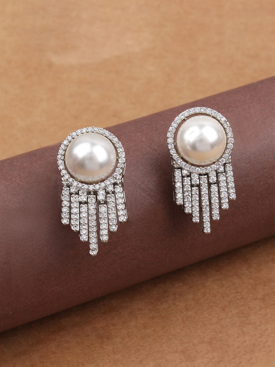 

Mirana Rhodium Plated American Diamond Studded Drop Earrings, Silver