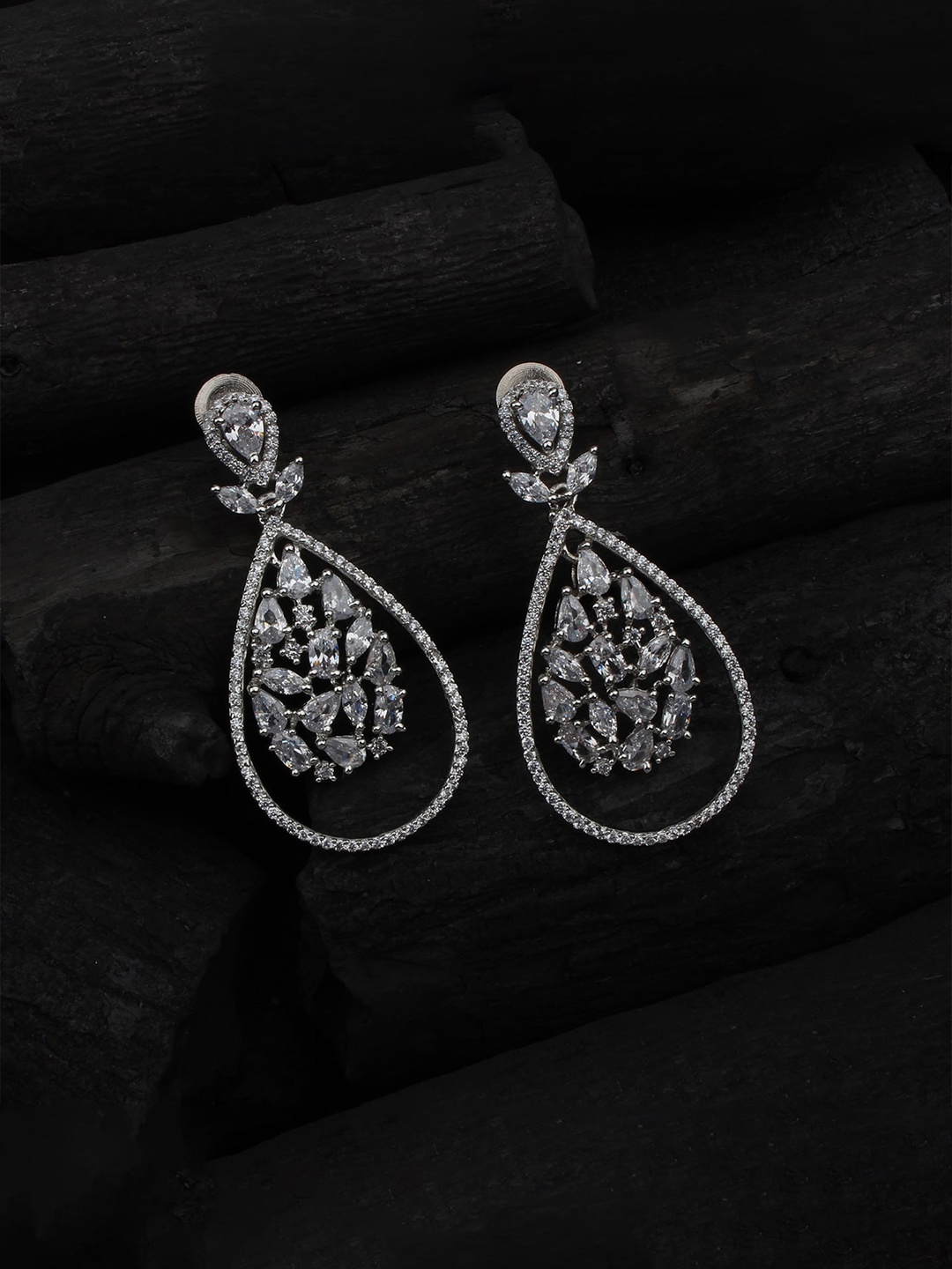 

Mirana Rhodium-Plated American Diamond Studded Drop Earrings, Silver