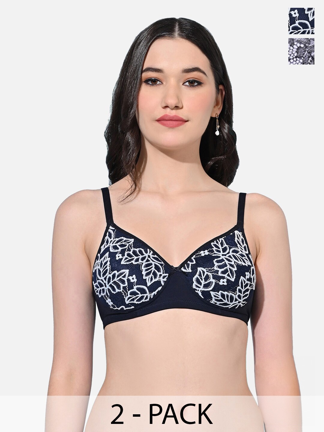 

FIMS Pack Of 2 Animal Lightly Padded Full Coverage Everyday Bra With All Day Comfort, Navy blue