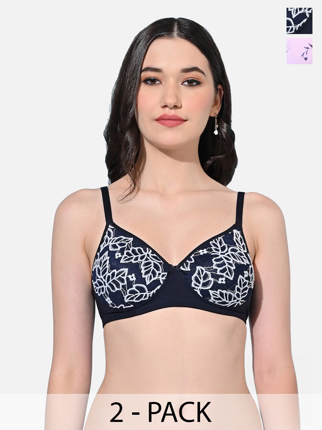 

FIMS Pack Of 2 Animal Lightly Padded Full Coverage Everyday Bra With All Day Comfort, Navy blue