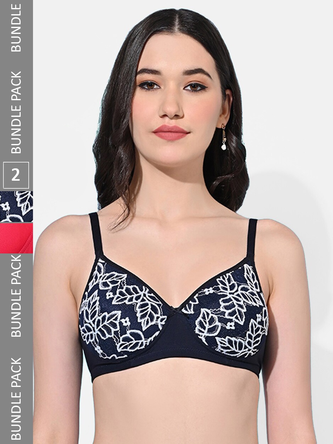 

FIMS Pack Of 2 Floral Printed Bra Full Coverage Lightly Padded, Navy blue