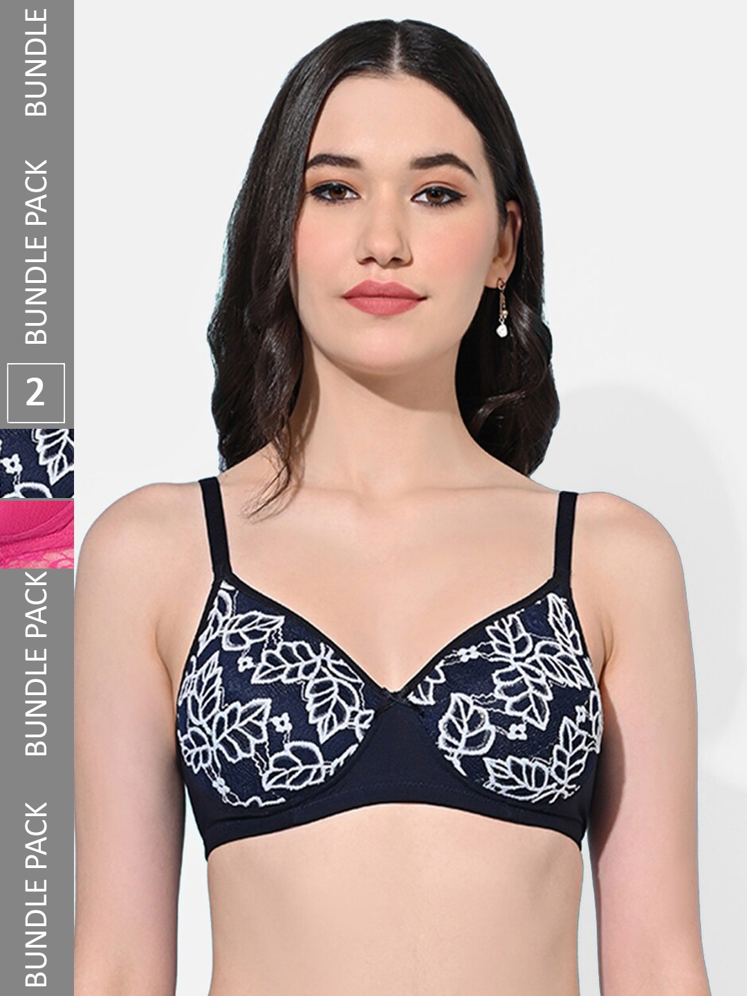 

FIMS Pack Of 2 Floral Full Coverage Lightly Padded Bra With All Day Comfort, Navy blue