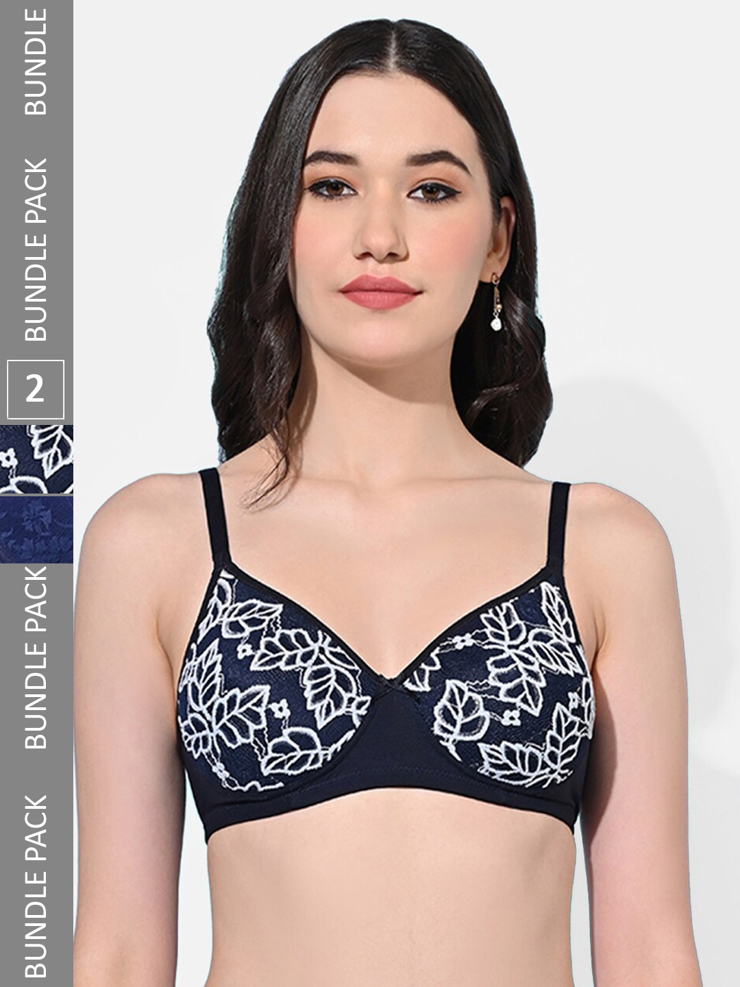 

FIMS Pack Of 2 Floral Full Coverage Lightly Padded Bra With All Day Comfort, Navy blue