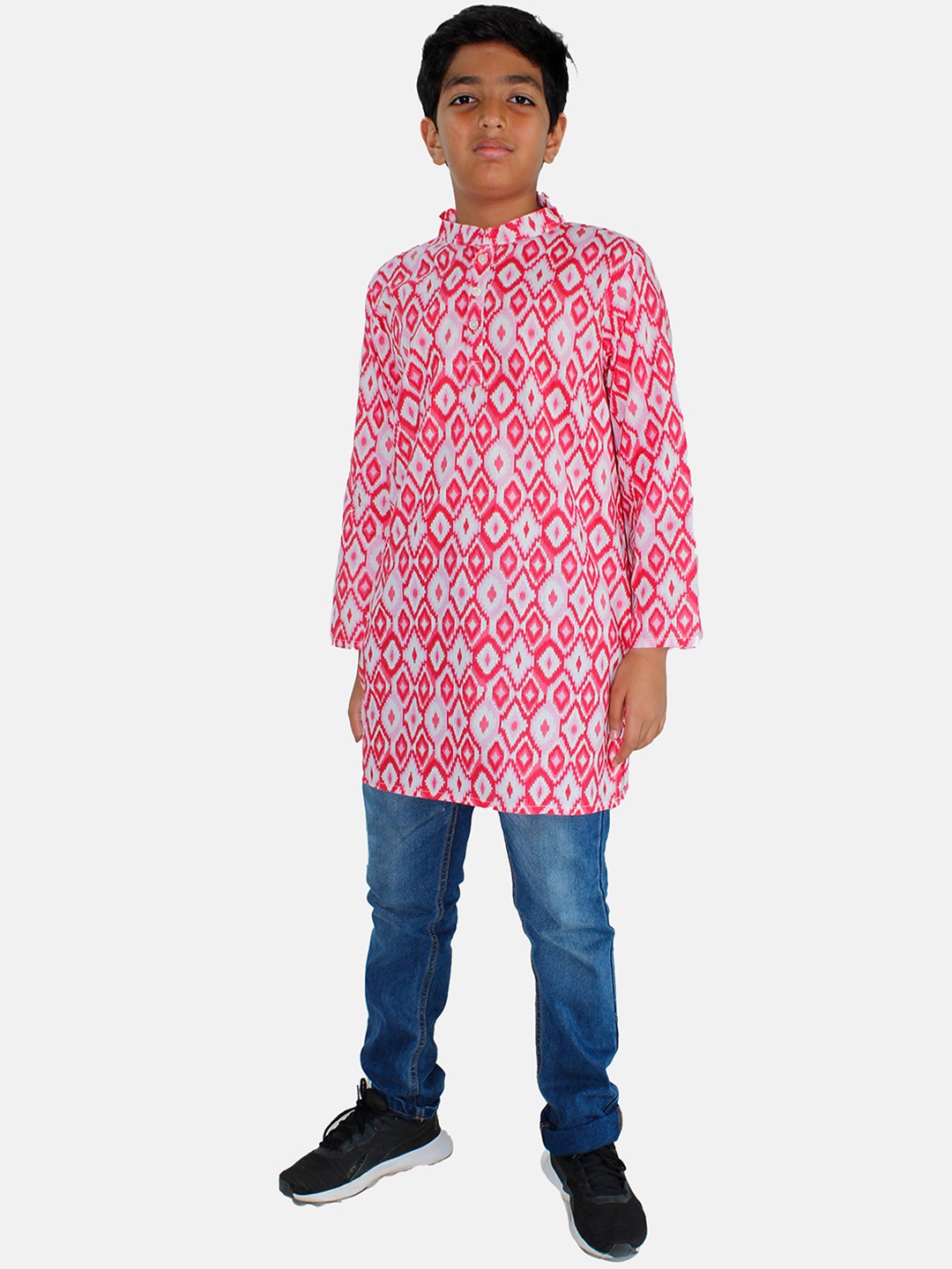 

KiddoPanti Boys Geometric Printed Regular Pure Cotton Kurta with Denim Pant, Red